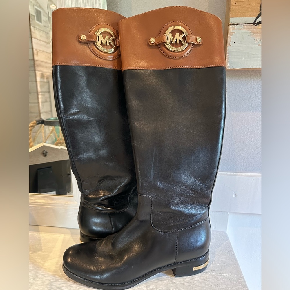 Michael Kors Black and Brown Leather Knee-High Heeled Boots